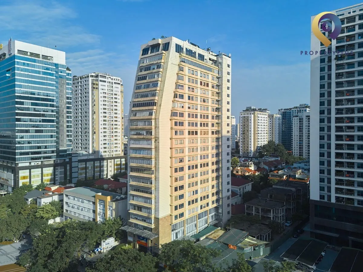 Panoramic view of Thang Long Tower from above, surrounded by modern buildings in Hanoi.